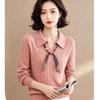 Women's Ribbed Knit Long-Sleeve Collared Sweater with Ribbon Detail