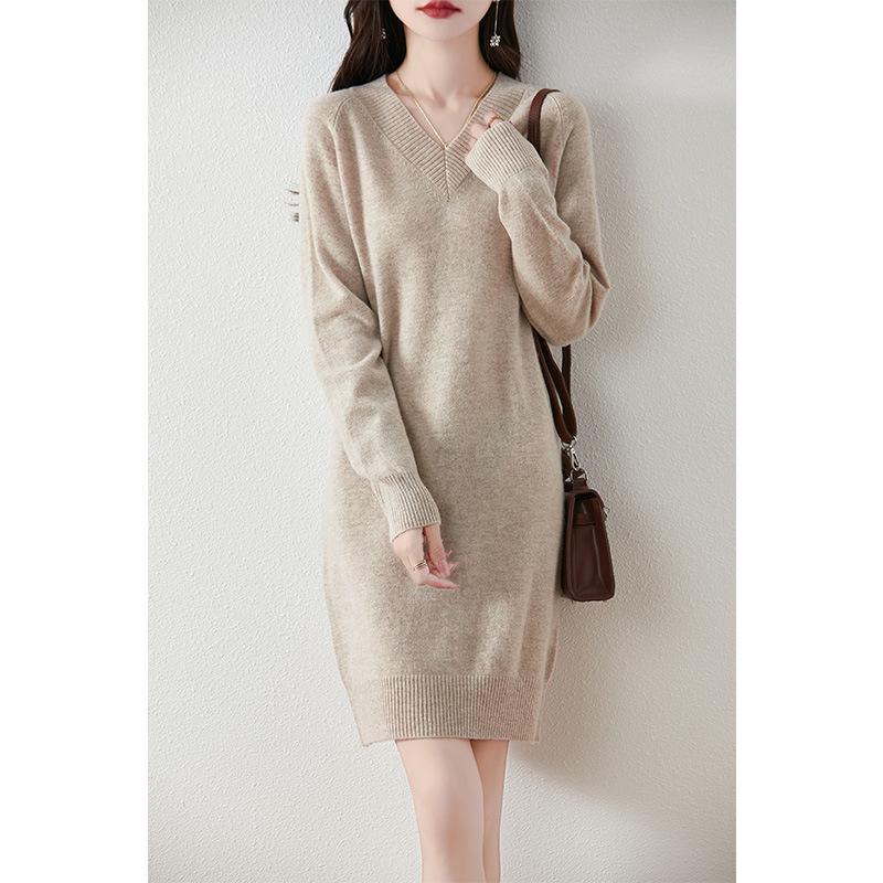 Women's V-Neck Mid-Length Cashmere Knit Dress - Loose Sheath Pullover, 100% Pure Cashmere