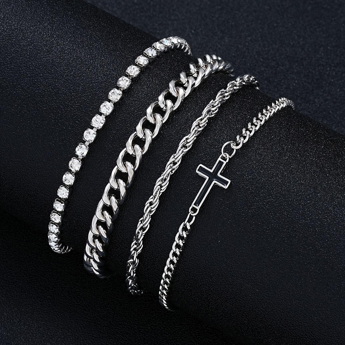 

[Men s Bracelet Set] Men s Bracelets Set of 4 - Stylish Versatile Design with High-Quality Cubic & Twisted Chain Links - Easy Casual Punk Style