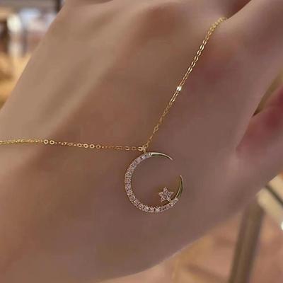 Halskette mit Halbmond- und Sternanhänger, Zirkonia, Stern-Mond-Anhänger, Schmuck, Geschenk für Frauen, Teenager und Mädchen