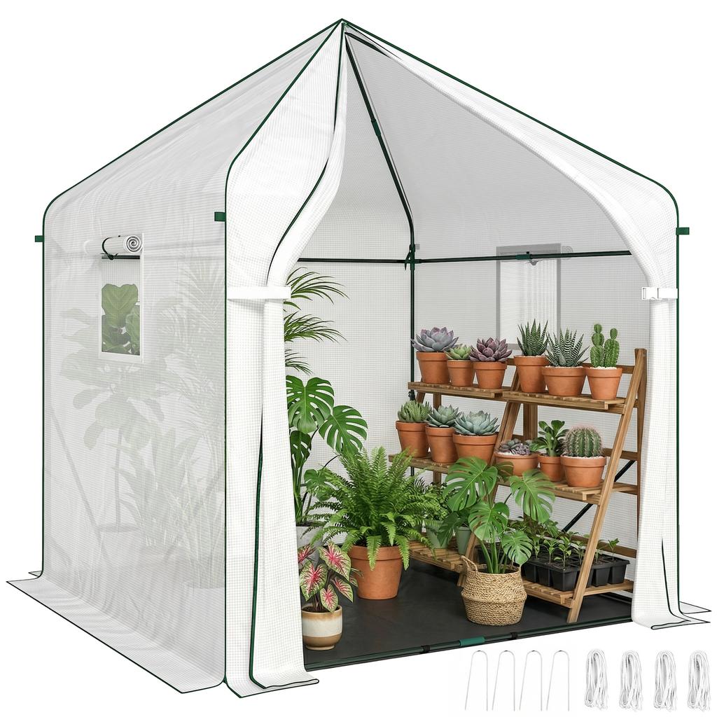 Walk-in Greenhouse for Outdoors with Steel Frame, Large Plant House with Roll-up Door and PE Ground Cover, White