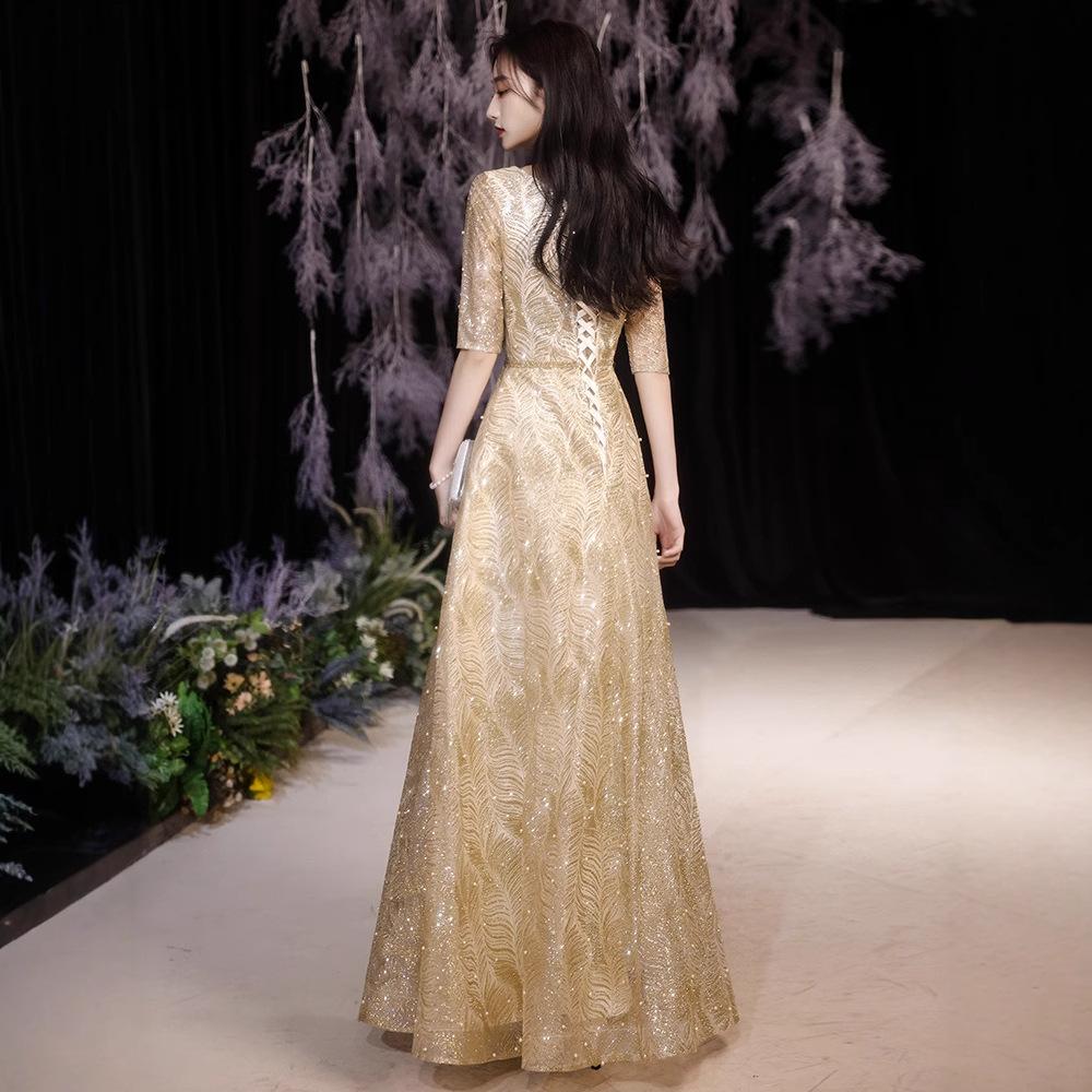 Golden Performance Dress Dress Women's Banquet Starry Sky Annual Meeting Host People's Congress Choir Performs Evening Dress Dress