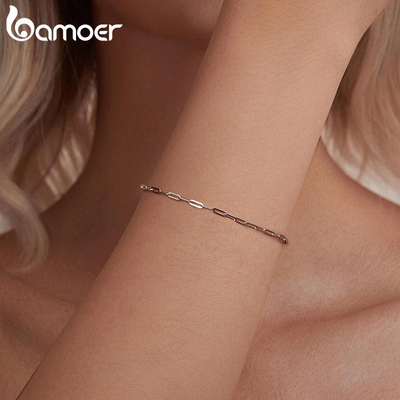 BAMOER Solid 925 Silver Square Chain Bracelets for Women, White Gold Plated Handmade Basic Bracelets Birthday Gift