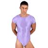 Mens Solid Color Short Sleeve Leotard Glossy Round Neck High Cut Bodysuit Swimwear Sportswear