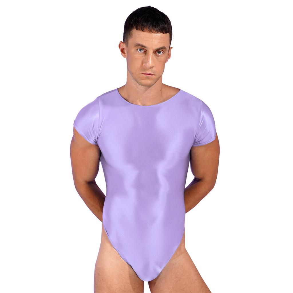 Mens Solid Color Short Sleeve Leotard Glossy Round Neck High Cut Bodysuit Swimwear Sportswear