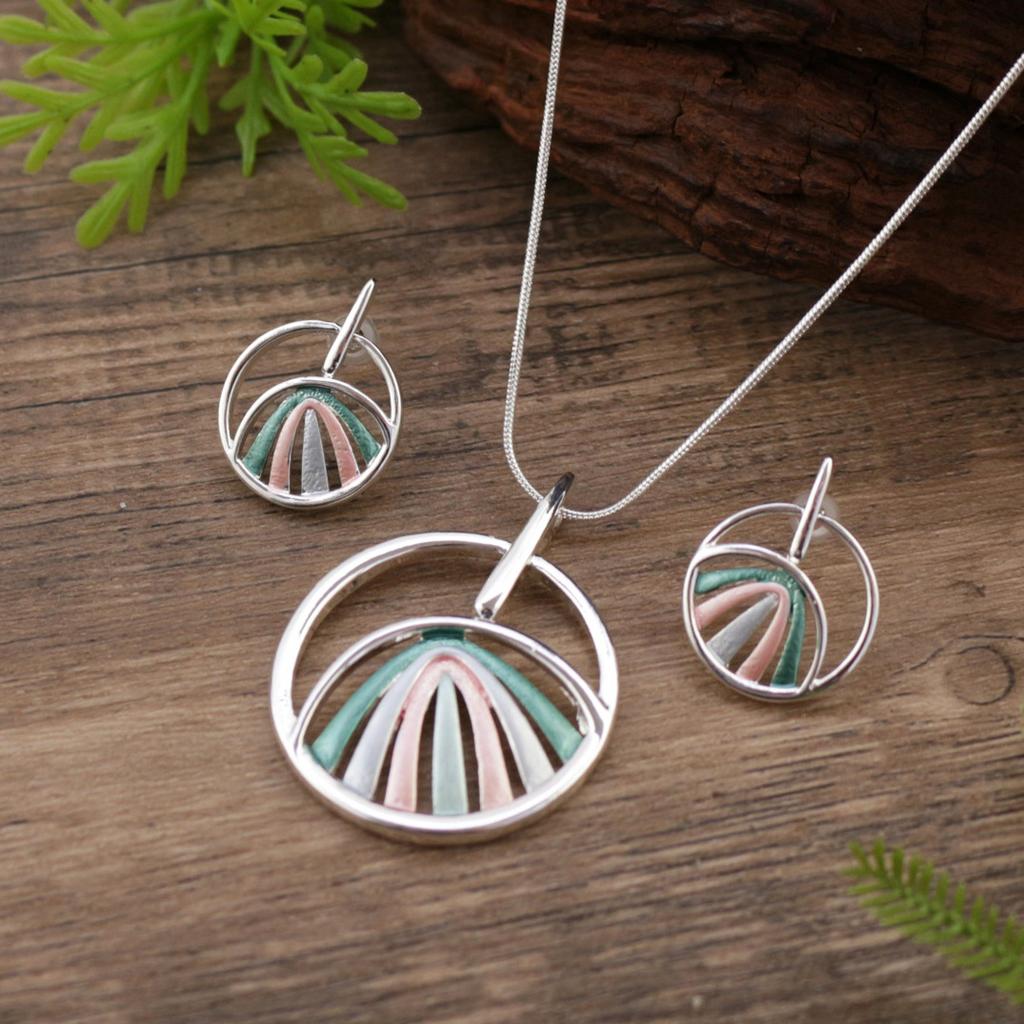 New Enamel Color Round Hollow Line Stud Earrings Pendant Set, Women's Simple Round Line Necklace