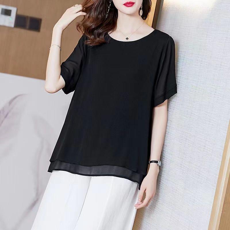 Camisa de Chifón para Mujer Verano Versión Coreana Cuello Redondo Talla Grande Manga Corta Top Suelto Camisa Pequeña para Mujer