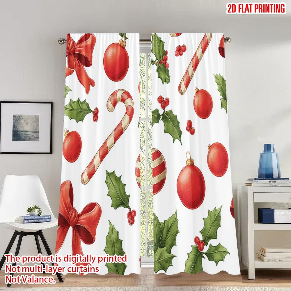 

2pcs 2D flat printing Happy Christmas Scene Curtains Christmas Holly Bows Candy Canes Digital Printed Polyester Drapes Spring 100*130 HOOK 1pcs