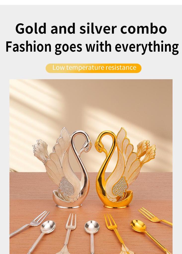 European Luxury Gold & Silver Rhinestone Swan Spoon and Fork Set with Swan Stand