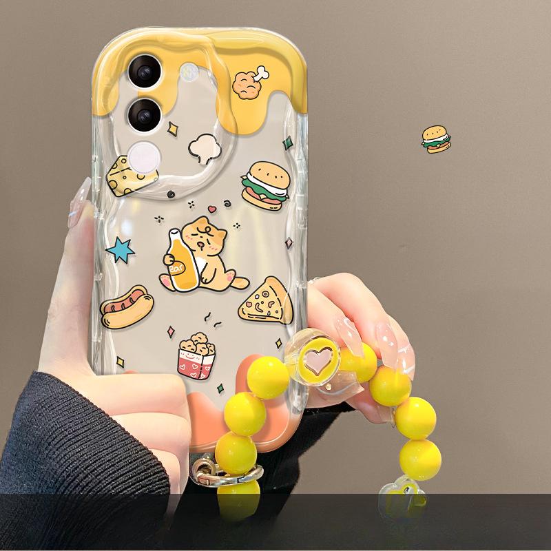 Suitable for Vivos17 Mobile Phone Case X90/80 Cute Cat Hamburger Bracket Chain IQOO11/10 Silicone Soft Shell