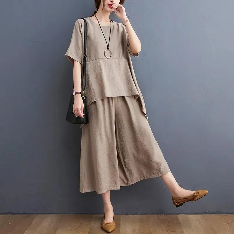 

Женский костюм-двойка Летний костюм большого размера Женский костюм Приталенный Свободный Топ Тонкие брюки Комплект из двух предметов XXXL дубильная кора