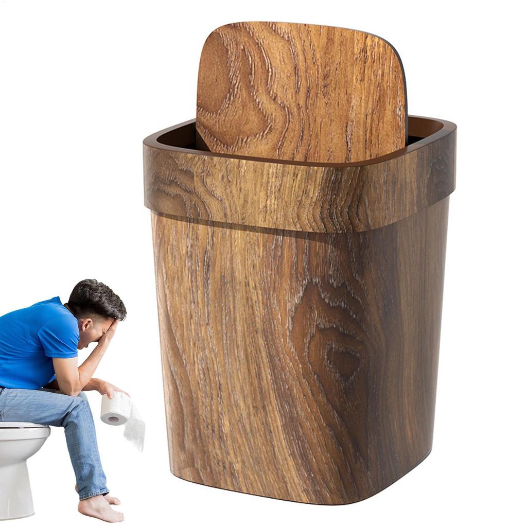 Imitation Wood Grain Trash Can Kitchen Waste Paper Basket Home Office Garbage Bin Moderate Capacity Easy Lid Stylish