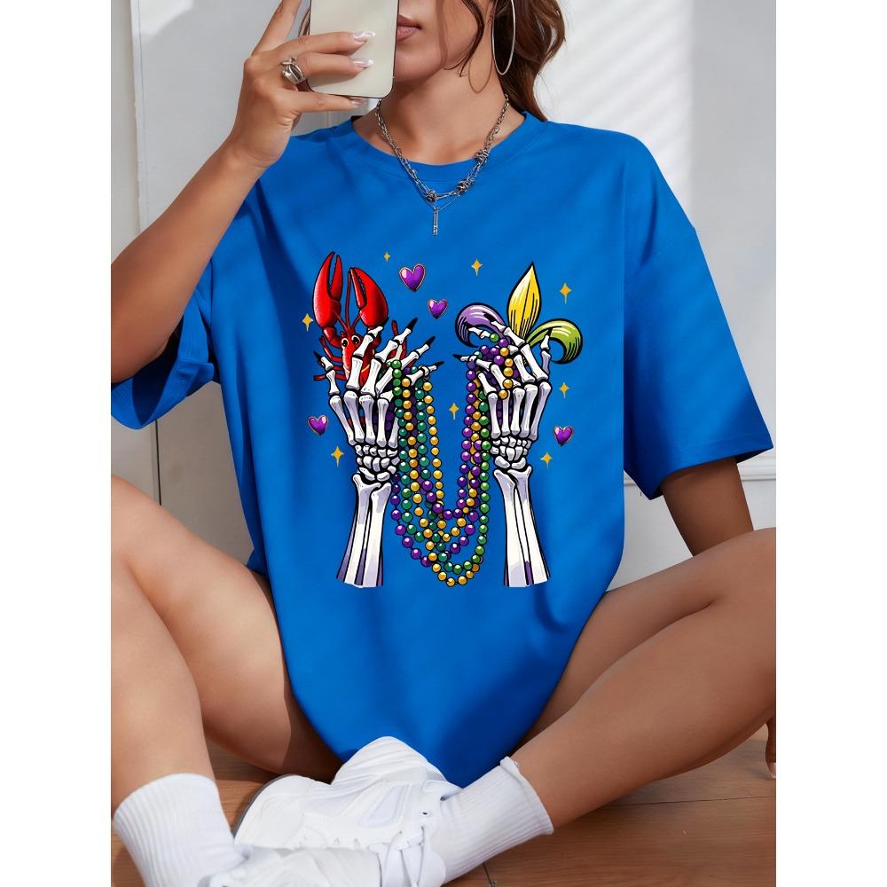 Happy Carnivals Creative Skull Hand Print Women T Shirts Summer O-Neck T-Shirt Soft Cotton Sportswear Oversized Clothes