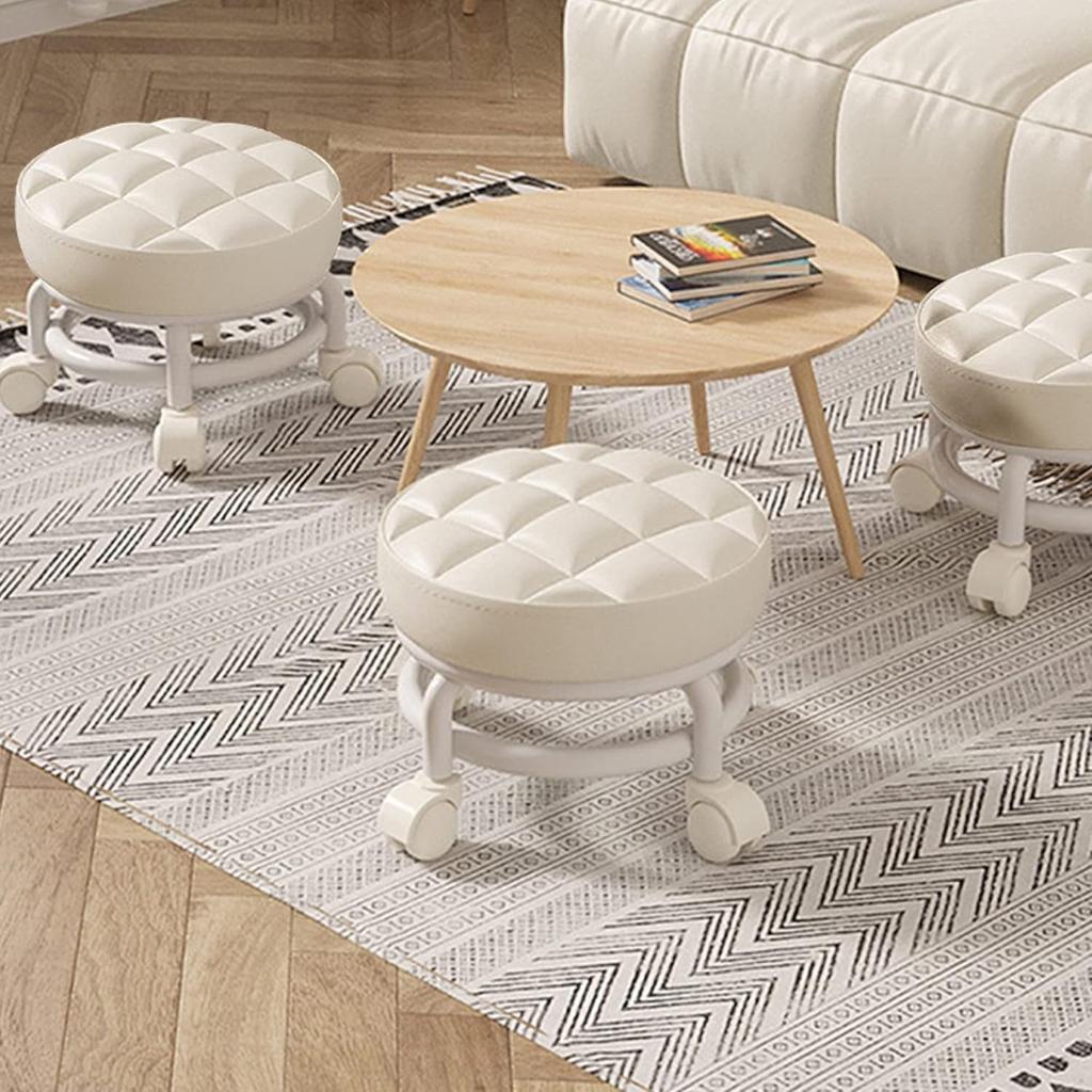 Living Room Footstools With Universal Swivel Caster Wheels Leather Small Rolling Stools Round PU Seat Metal Frame for Home & Office