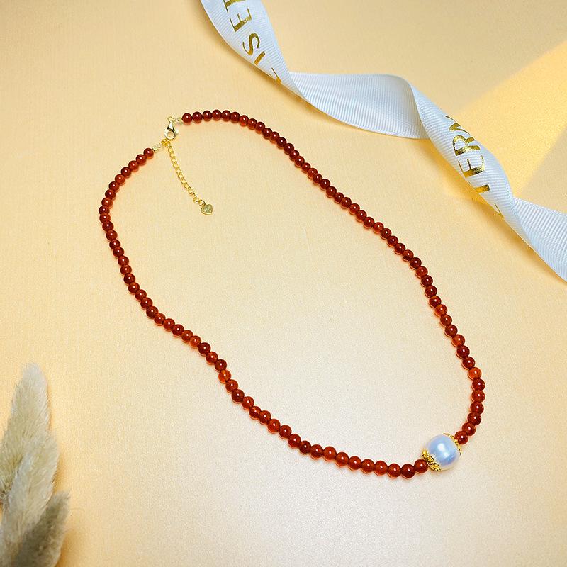 S925 Silver Red Agate & Pearl Tower Necklace - Light Luxury Chinese Style Women's Fashion