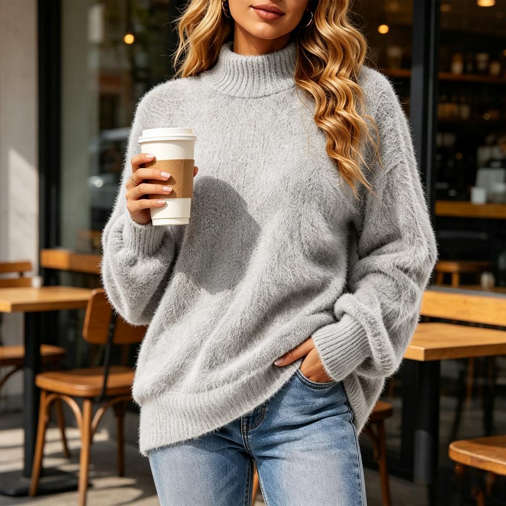 Women's Neck Sleeve Pullover Sweater - Long Sleeve Knit Top