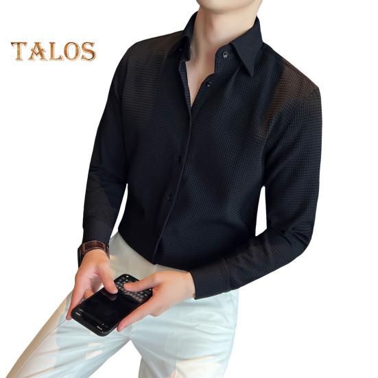 

Мужская рубашка весна-осень во французском стиле с отложным воротником, облегающая, с вафельной текстурой, однобортная, с длинными рукавами, однотонная, средней длины, для молодежи, для делового стиля L чёрный