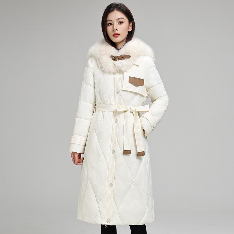 Elegantní a zeštíhlující dlouhý péřový kabát s velkým kožešinovým límcem pro dámskou zimní módu