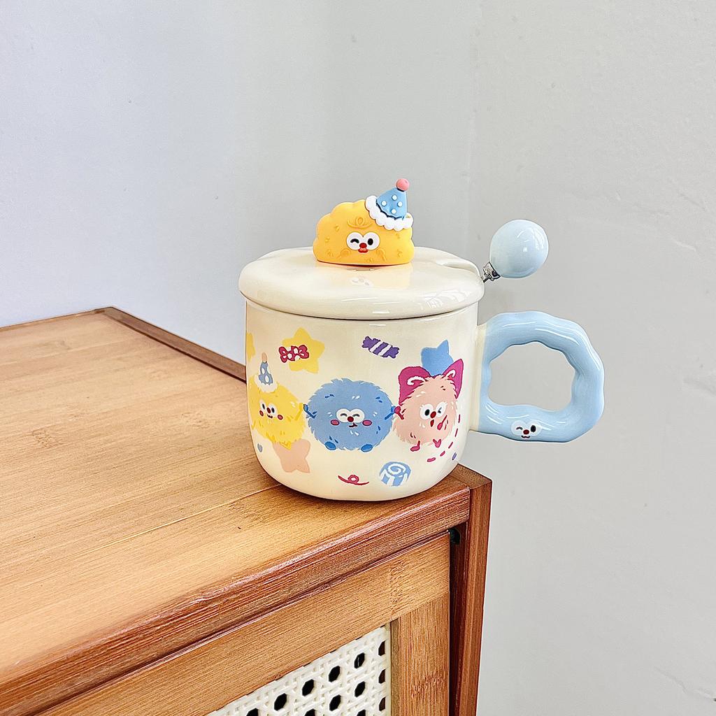 Cute Coal Ball Mug With Lid Spoon High Value Girl Heart Cup Ceramic Couple Water Cup Girl Birthday Gift