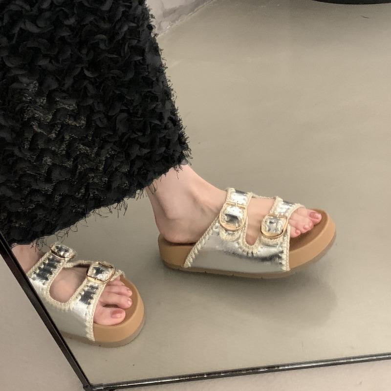 Soft leather version~ thick-soled slippers women's summer wear new one-word slippers high-end cool slippers