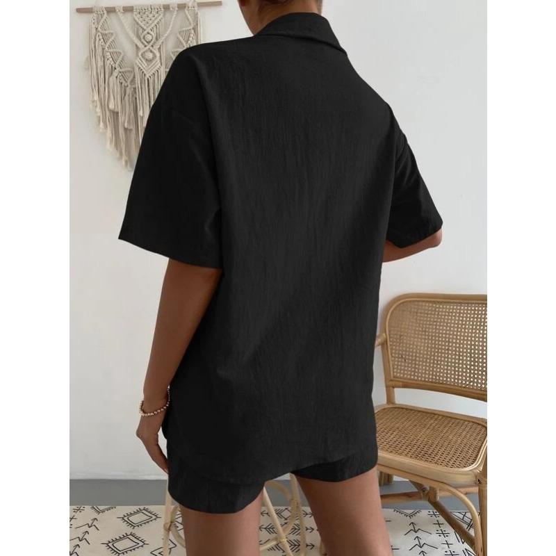 Cotton and Linen Fashion Set, Solid-color Pocket Patch Off-the-shoulder Shirt and Shorts, Solid-color Short-sleeved Shirt