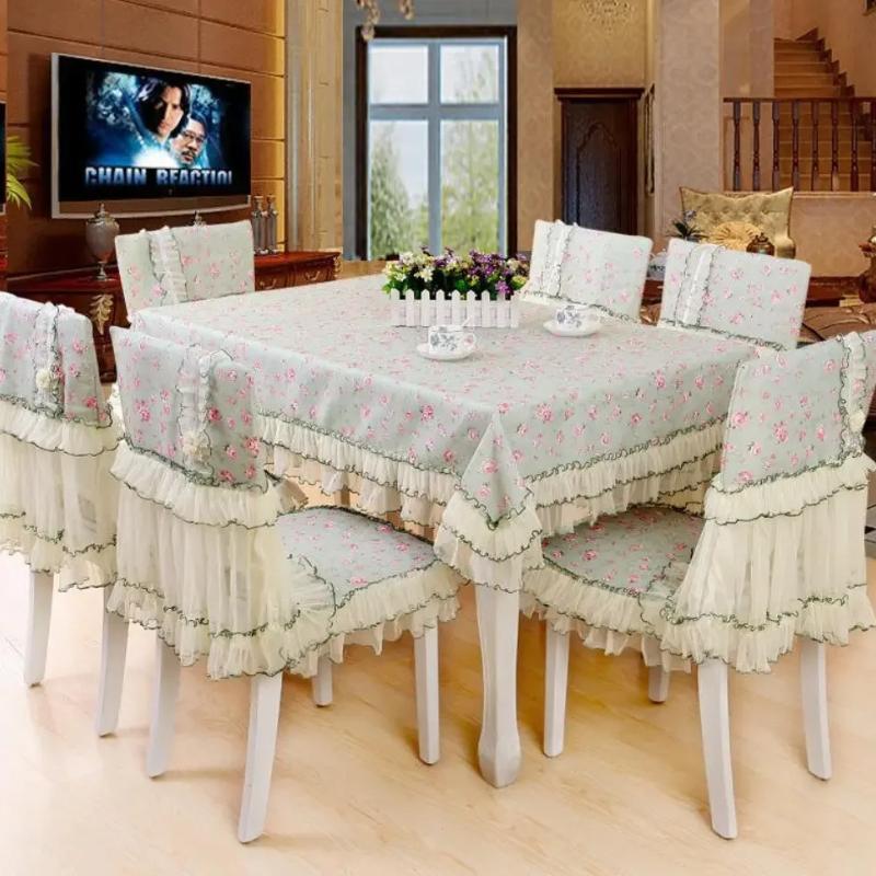 Europäische bestickte Tischdecken, moderne, schlichte, rosa, rechteckige Tischdecke aus Spitze, Stuhlhussen für Esszimmer, schmutzabweisendes Kissen