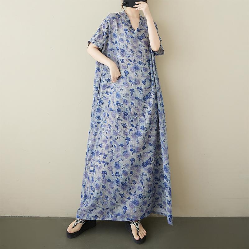 DIMANAF Plus Size 2025 Women Summer Short Sleeve Dress Basic Casual Loose V-Neck Printing Floral Dress New