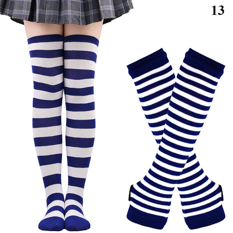 Y2K Women Girls Over Knee Long Stripe Printed Thigh High Cotton Socks Arm Sleeve Gloves 1 Set Overknee Socks Long Gloves 2024