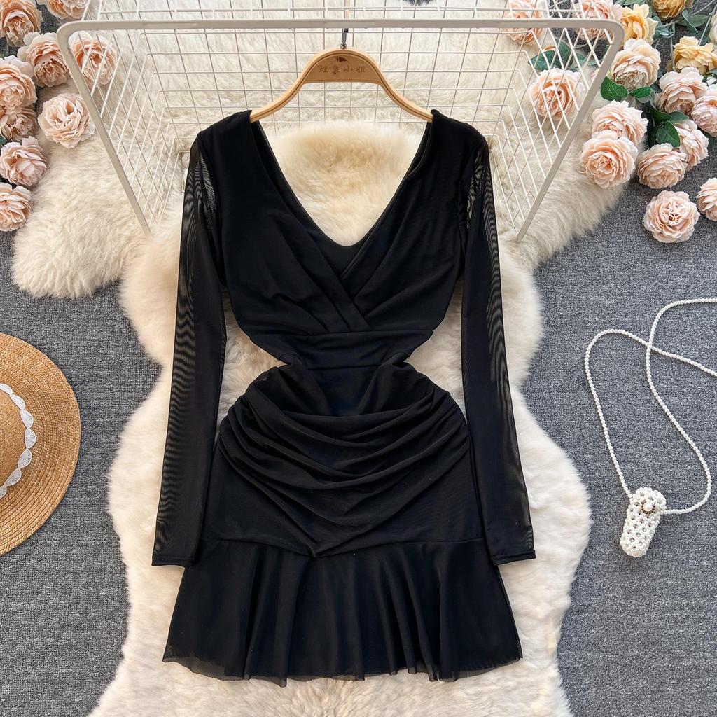 Women Summer Spring Elasticity Long Sleeve Color Soild V-Neck Casual Sheath A-Line Mini-Length High Waist Dress