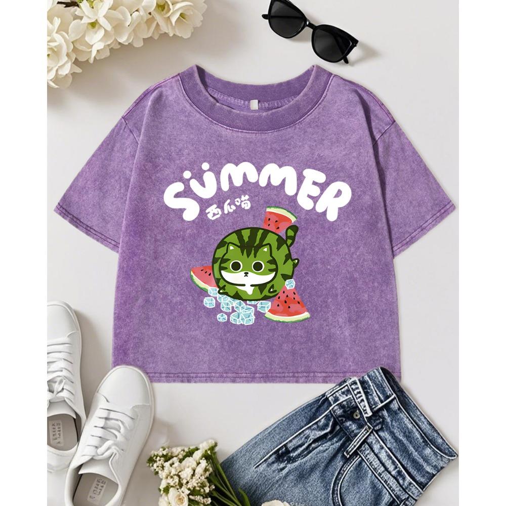 Summer Watermelon Cat Prints Washed Slim T Shirt Women Y2K Crewneck Short Sleeve T-Shirt Female Soft Clothing