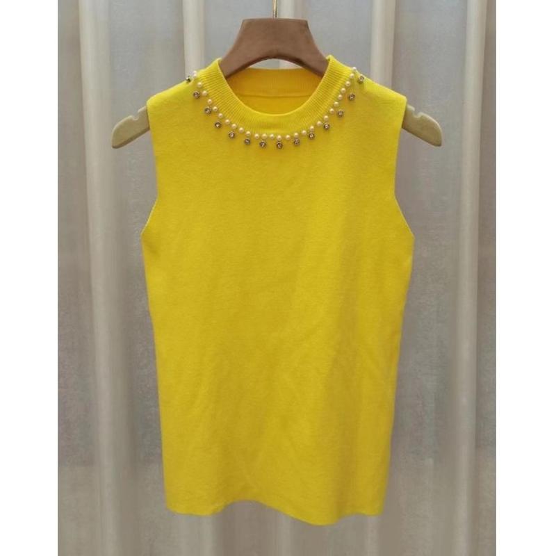 Fashion Knitted Sleeveless Bottoming Shirt Women's Inner Sling Vest Summer Elegant Solid Color Bead New Basic Tank Tops Casual Simple Blouse Clothing