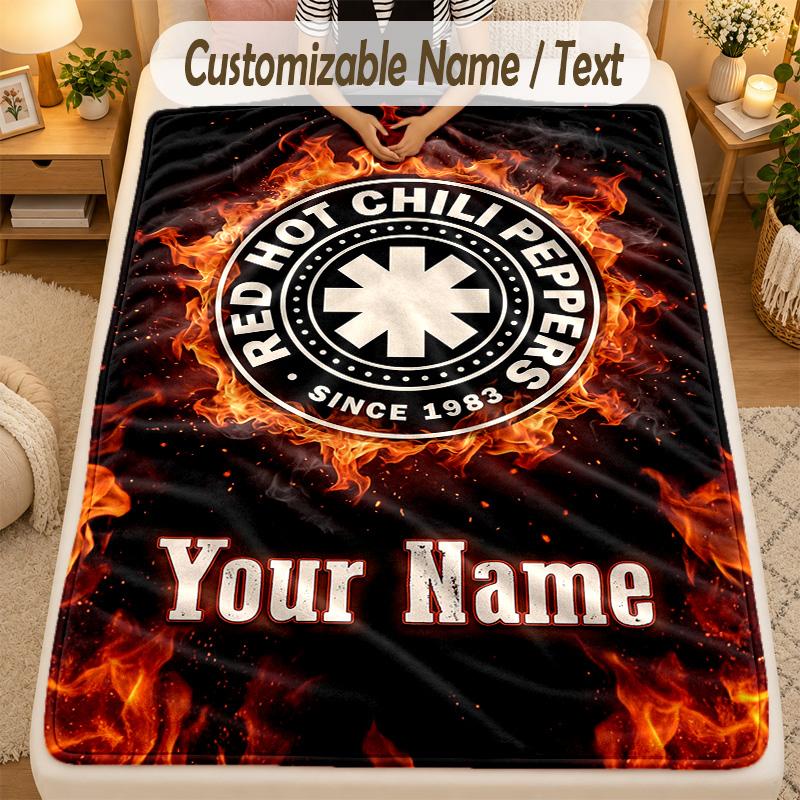 Flannel BlanketRed Hot Chili Peppers Custom Name Text Personalized Soft Warm Throw Blanket Home Decor Gift