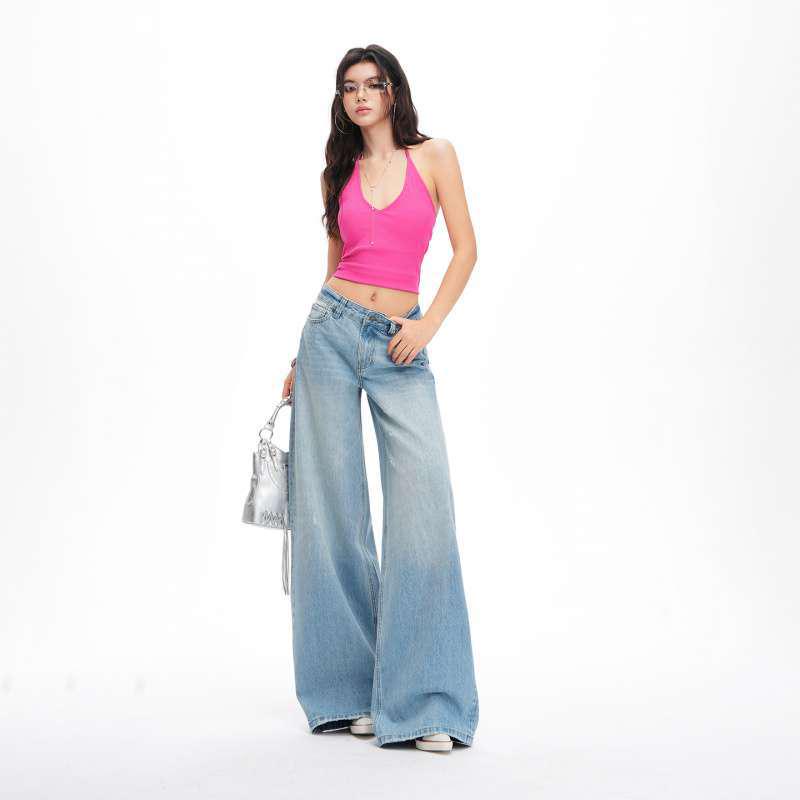 Women s Summer Light Green Washed Mid-Waist Ripped Floor-Length Loose Jeans L