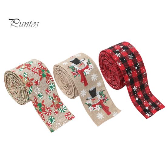 Burlap Christmas Ribbon 1 Roll Ribbon, Faux Linen Wired with Snowman Farmhouse Tree Decor Truck Floral Print, Gift Wrapping Craft Supply for
