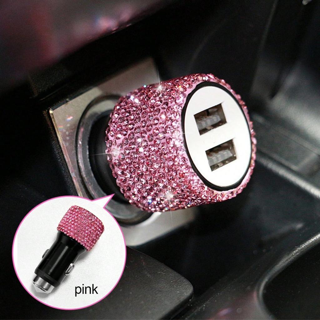1pc Bling Bling Rhinestone Studded Car Charger, Fast Charging, USB A/C Car Phone Charger, Heart-Shaped LED Display Rhinestone Car Charger Adapter