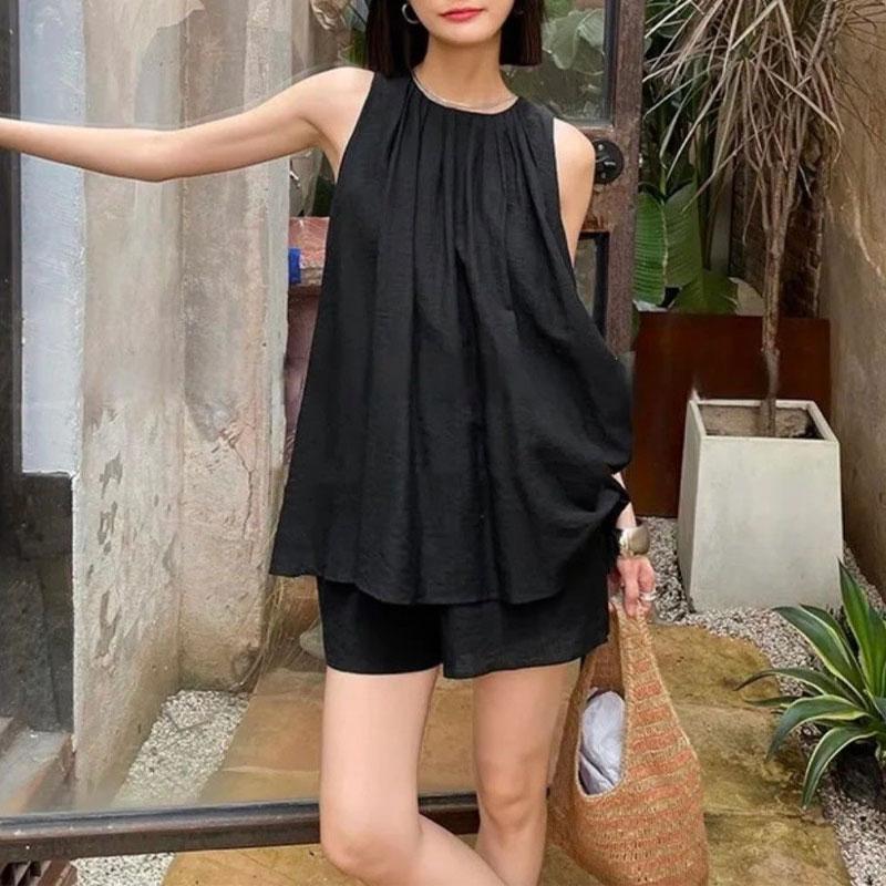 Sommer Stilvolle Falten Passende Sets Ärmellos Locker O-Ausschnitt Zweiteiliges Set Basic Einfarbig Lässige Shorts Sets