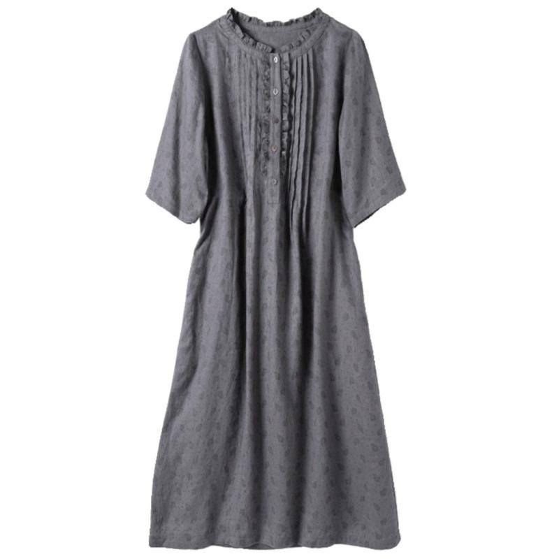 2025 summer new fungus edge floral cotton and linen dress women's retro loose short-sleeved printed medium and long dress