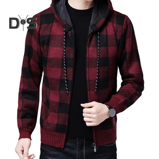 

Мужской зимний кардиган с контрастным клетчатым принтом, капюшоном, завязками на шнурке, средней длины, утолщенная трикотажная куртка с длинными рукавами, застежка-молния M красный