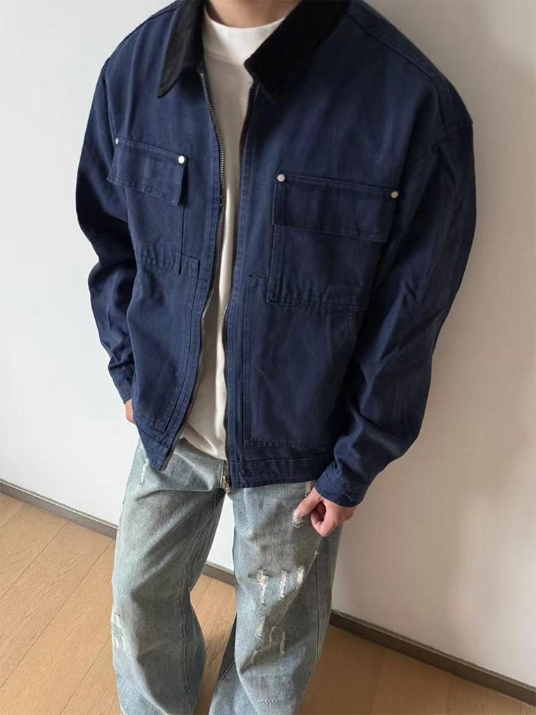 Men's Retro Blue Detroit Workwear Jacket - Heavyweight Spring/Autumn Color Block Lapel Outerwear