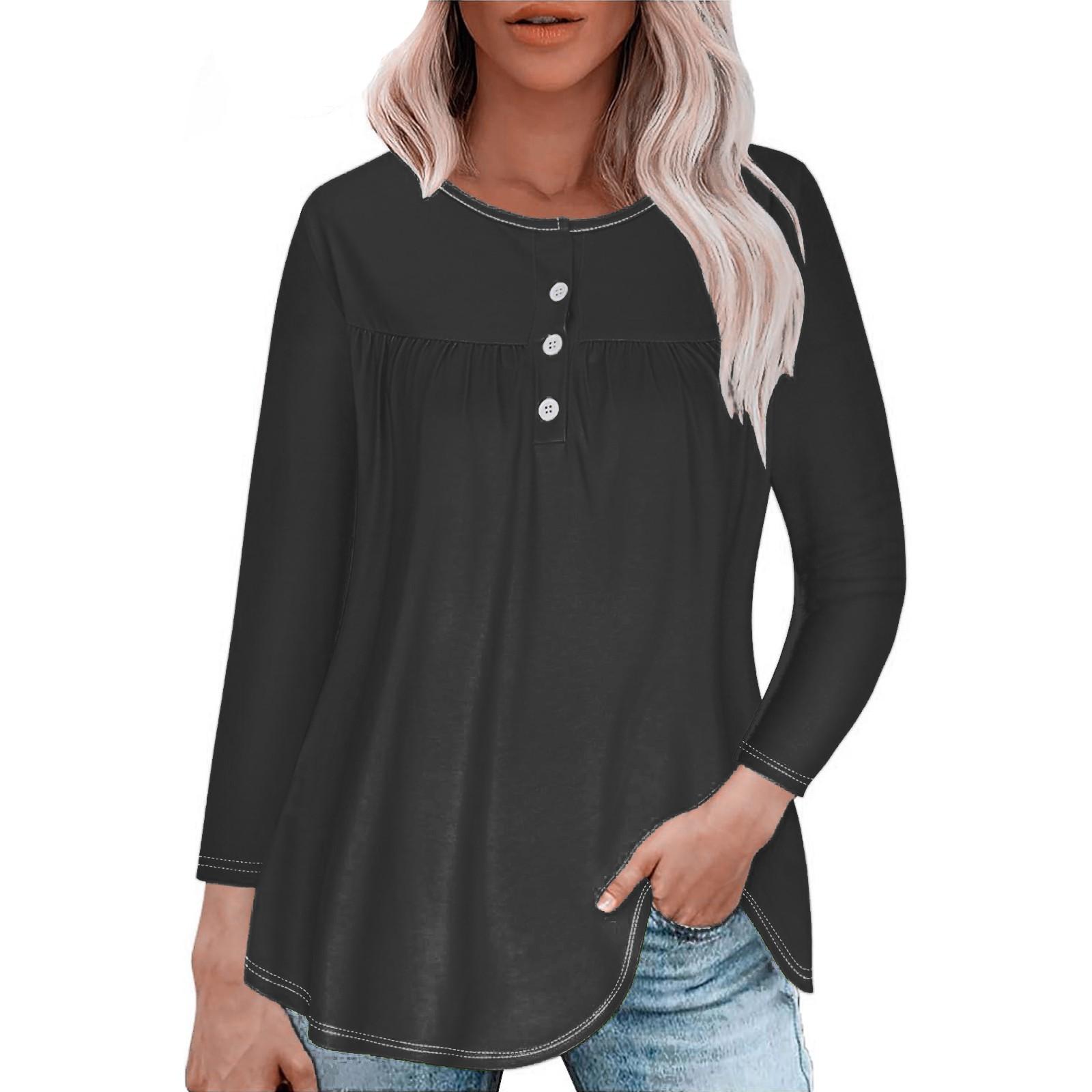 

Туника с длинным рукавом для женщин, свободный крой с круглым вырезом, повседневная осенняя одежда на пуговицах, однотонные толстовки S чёрный
