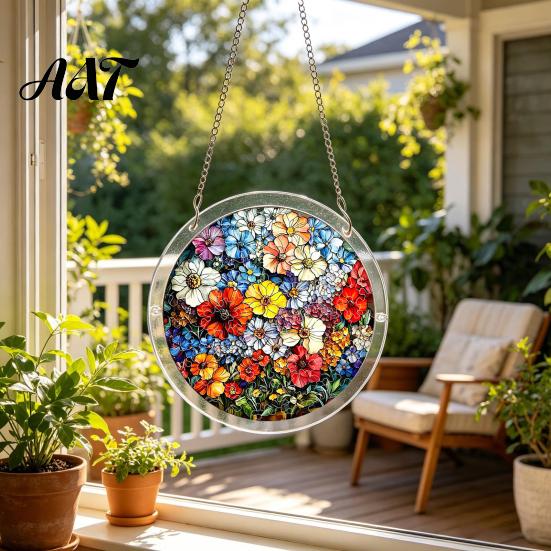Transparent Acrylic Decor 7.48 Inch Circular DIY Puzzle Suncatcher, Stained Glass Style Window Hanging Ornament, Adult Gift Waterproof Pendant