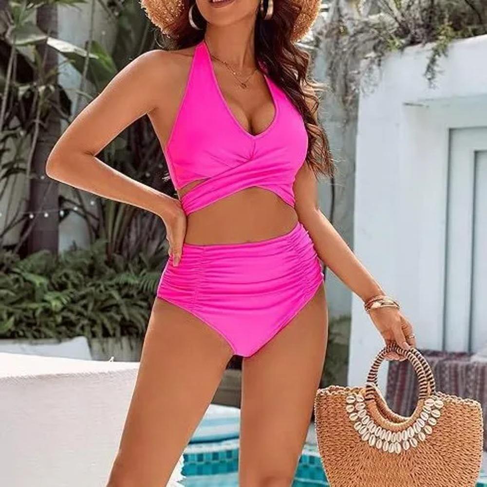 2025 New European Beautiful Women's Belly Swimsuit Moderate High Waist Bikini Suit Cute Neck Swimsuit