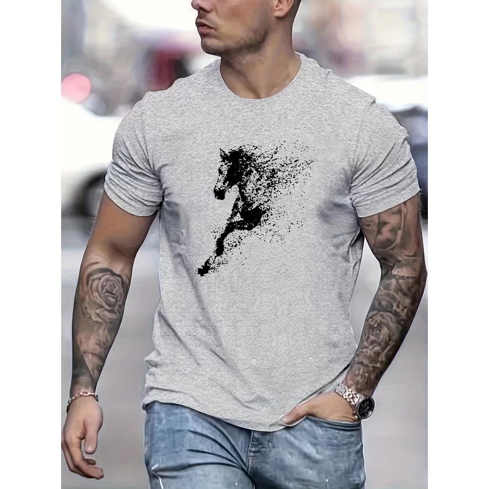 Men's Summer Fashion Casual Loose Big Black Horse Pattern Printed Round Neck Short Sleeve T-shirt Top