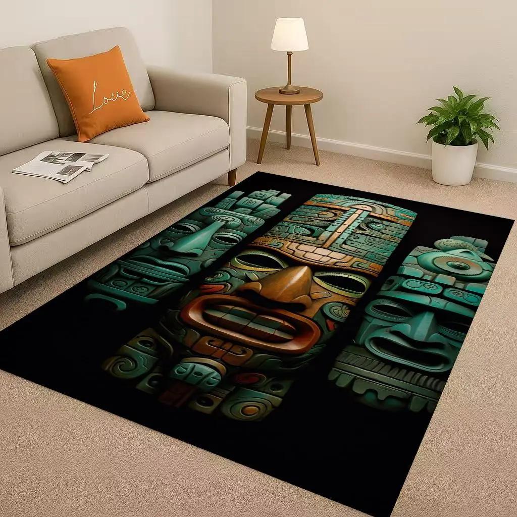 Retro Aztec Totem Maya Mask Sun God Living Room Non-Slip Area Rug Soft Carpet For Bedroom Sofa , Easy Clean Home Doormat Playmat