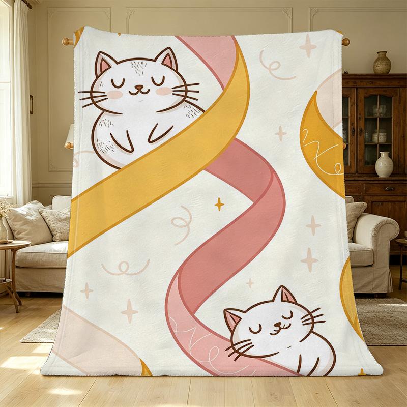 Soft Cozy Cartoon Cat Flannel Blanket | Non-Pilling All-Season Warm Throw for Postpartum Moms, Home & Holiday Decor