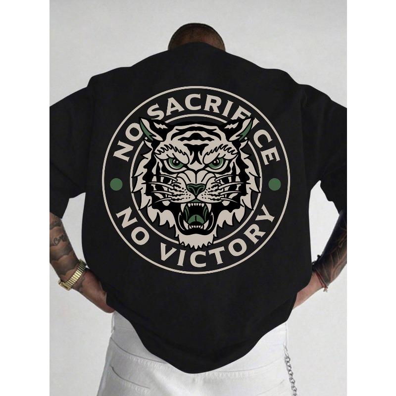 Men s Pure Short-Sleeve T-Shirt with Tiger Print &  No Sacrifice No Victory  Slogan - Lightweight Breathable Round Neck Casual Top Suitable for Summer S
