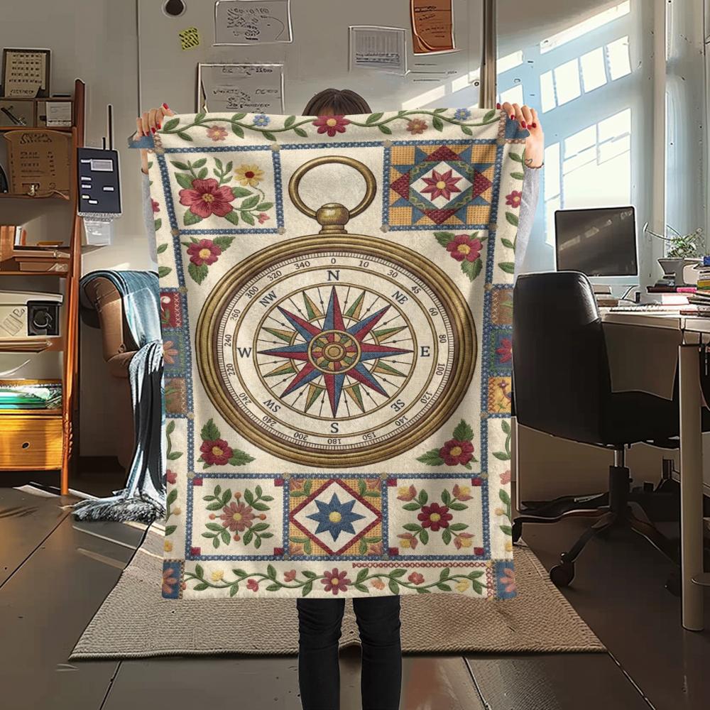 1Pc Compass Print Flannel Blanket, High Quality Comfortable for All Seasons, Home Decor, Warmth and Comfort, Perfect for Christmas Gifts W167