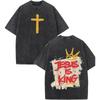 Vintage Schwarz gewaschenes T-Shirt mit Buchstabenaufdruck Kreuz Kronenaufdruck Oversized Streetwear Tee Lässiger Stil Kurzarmshirt