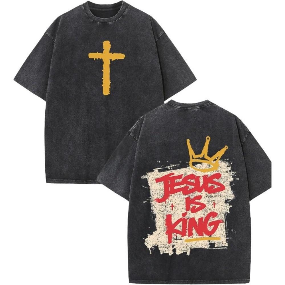 Vintage Schwarz gewaschenes T-Shirt mit Buchstabenaufdruck Kreuz Kronenaufdruck Oversized Streetwear Tee Lässiger Stil Kurzarmshirt
