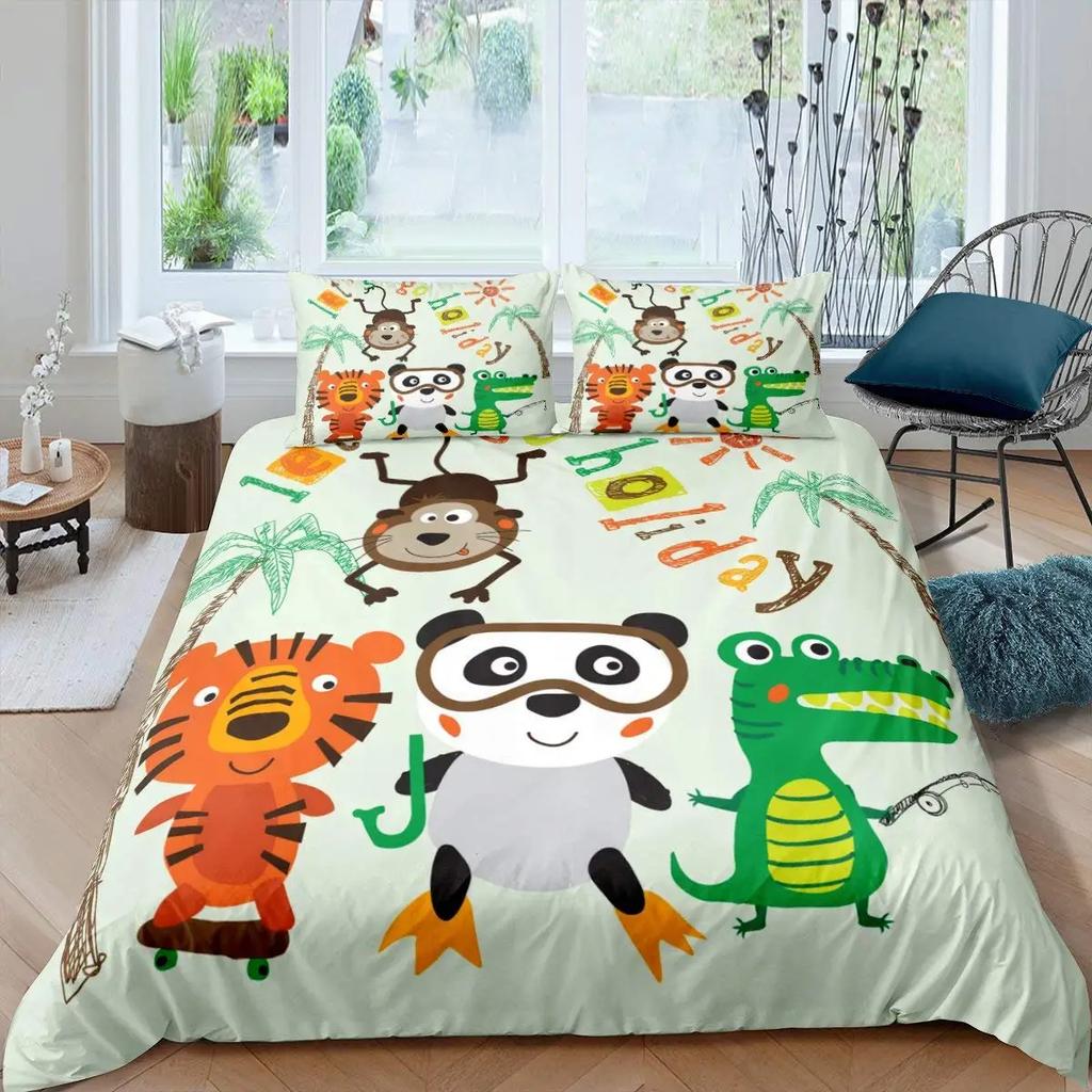 Cartoon Animals Duvet Cover Savannah Tropical Forest Jungle Wildlife For Boys Girls Kids Zoo Polyester Quilt Cover Bedroom Decor